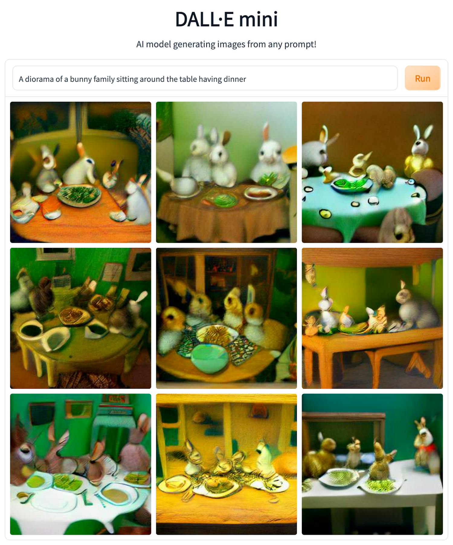 Tässä DALL·E mini on kattanut kuvitteellisen jänisperheen aamupalan.